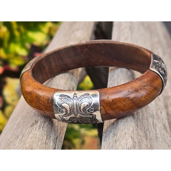 Vintage Silpada Etched Sterling Silver and Wood Bangle Bracelet, 2007 B1490 - Picture 6 of 8